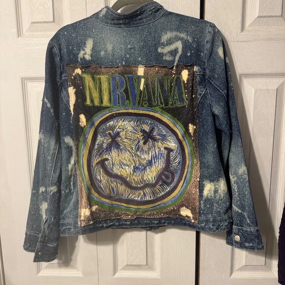 Christopher & Banks Jackets & Blazers - Nirvana Distressed Bleached Upcycled Graphic T-Shirt & Banded Collar Jean Jacket